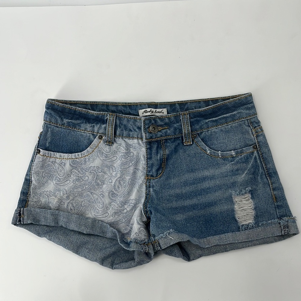 Funky Soul Cut Off Rolled Cuffed Jean Denim Shorts Paisley Distressed Low Rise 5